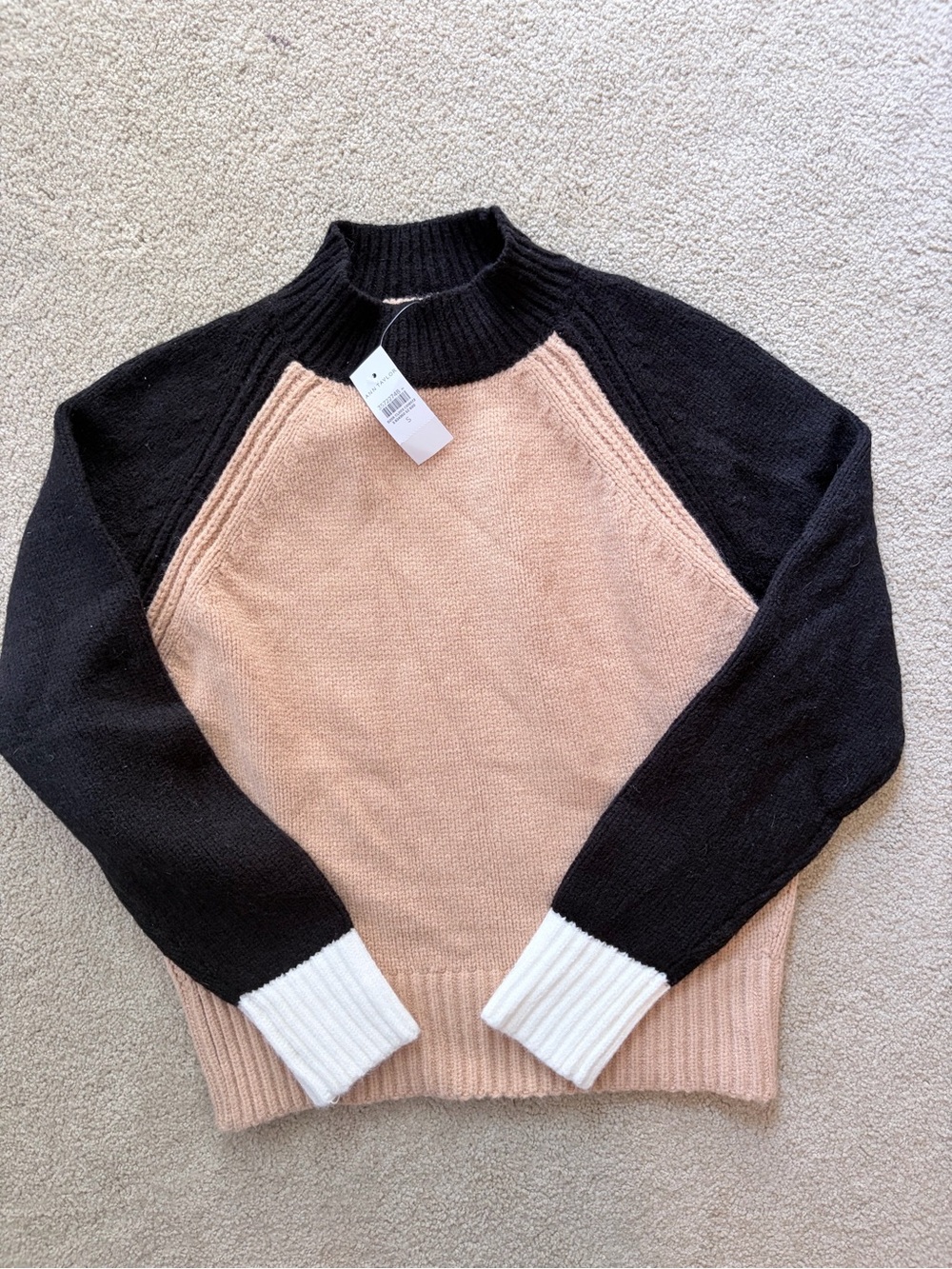 Cozy Colorblock Mock Neck Sweater - Beige, Black & White